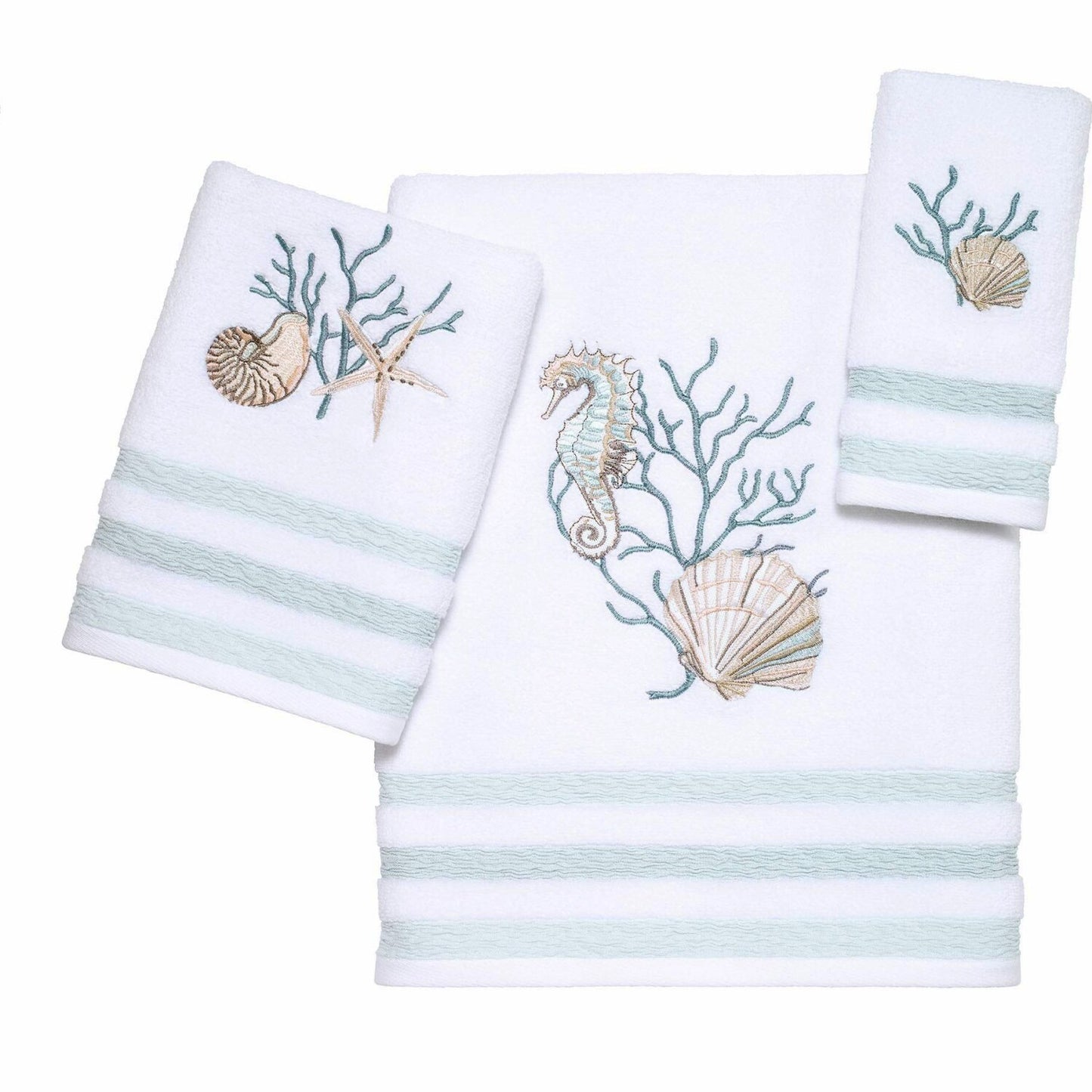 3pc Cotton Towel Set White Blue Tan