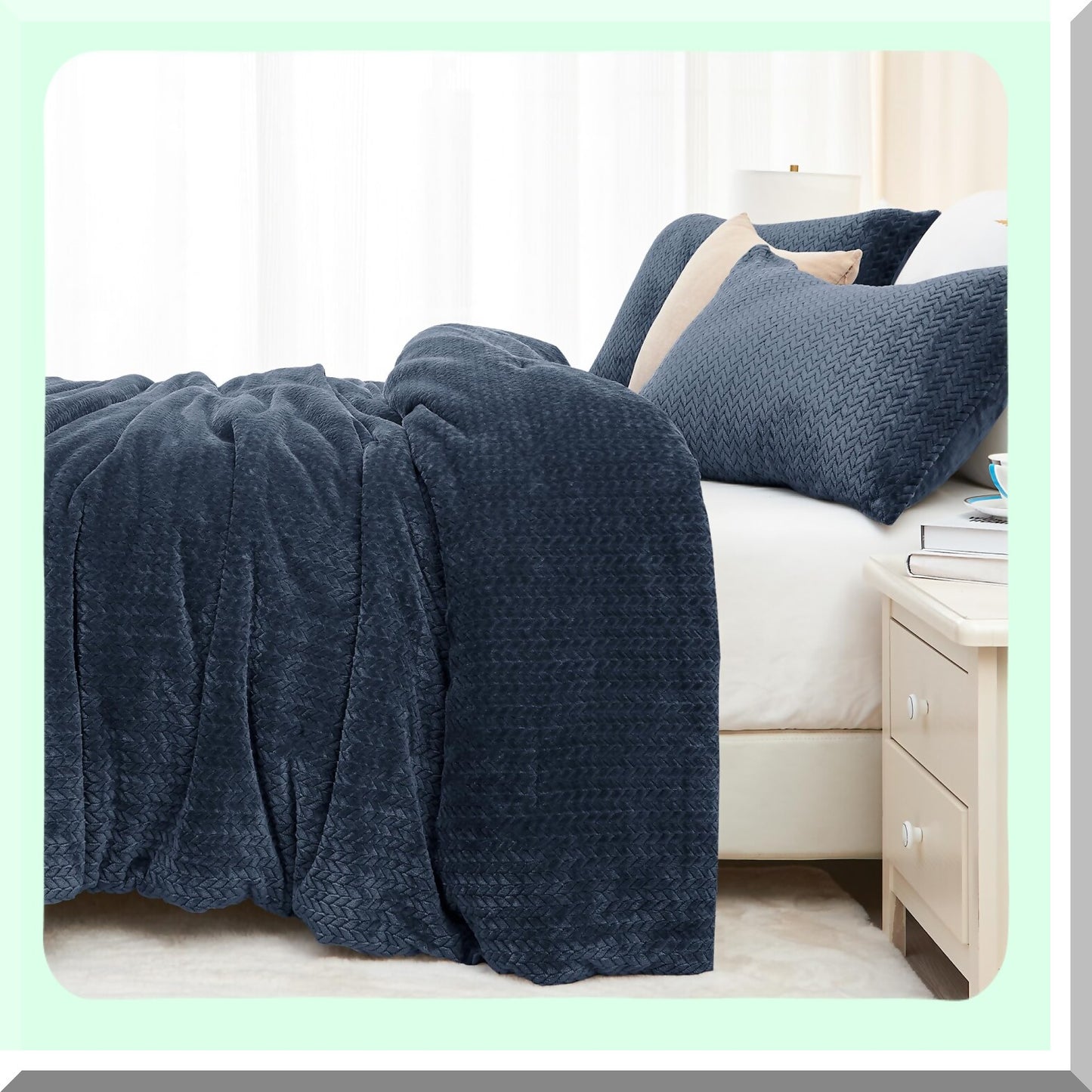 Navy Velvet Leaves Comforter Set - Winter Ultra Soft Fuzzy Bedding - 3 Piece Knitting Bed Set - Fluffy Comfort Set for Bed - Patterned Comfort Set