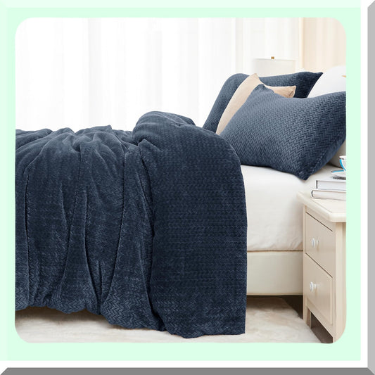 Navy Velvet Leaves Comforter Set - Winter Ultra Soft Fuzzy Bedding - 3 Piece Knitting Bed Set - Fluffy Comfort Set for Bed - Patterned Comfort Set