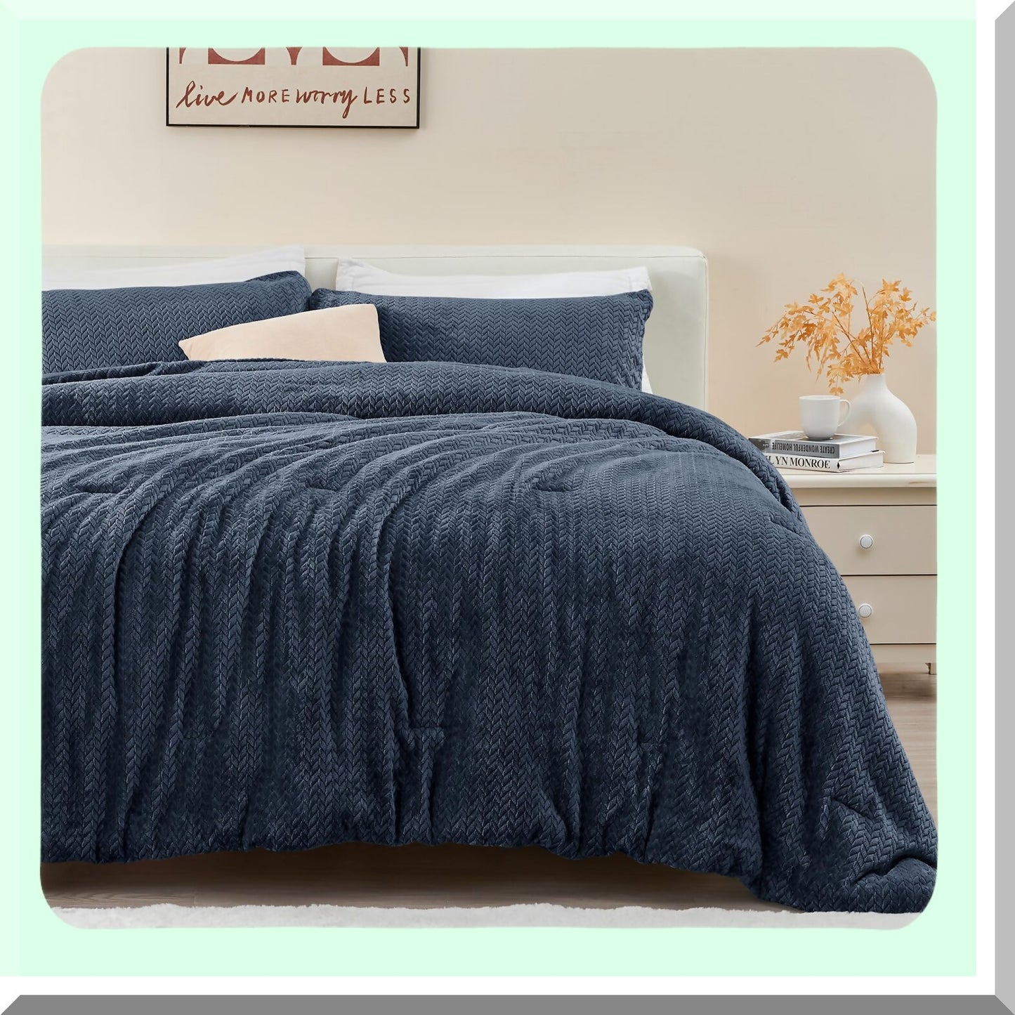 Navy Velvet Leaves Comforter Set - Winter Ultra Soft Fuzzy Bedding - 3 Piece Knitting Bed Set - Fluffy Comfort Set for Bed - Patterned Comfort Set
