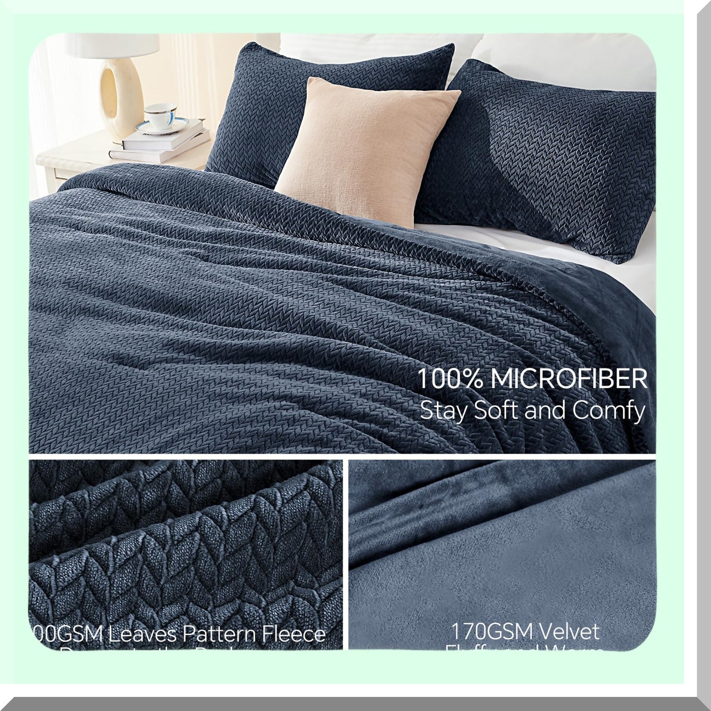 Navy Velvet Leaves Comforter Set - Winter Ultra Soft Fuzzy Bedding - 3 Piece Knitting Bed Set - Fluffy Comfort Set for Bed - Patterned Comfort Set