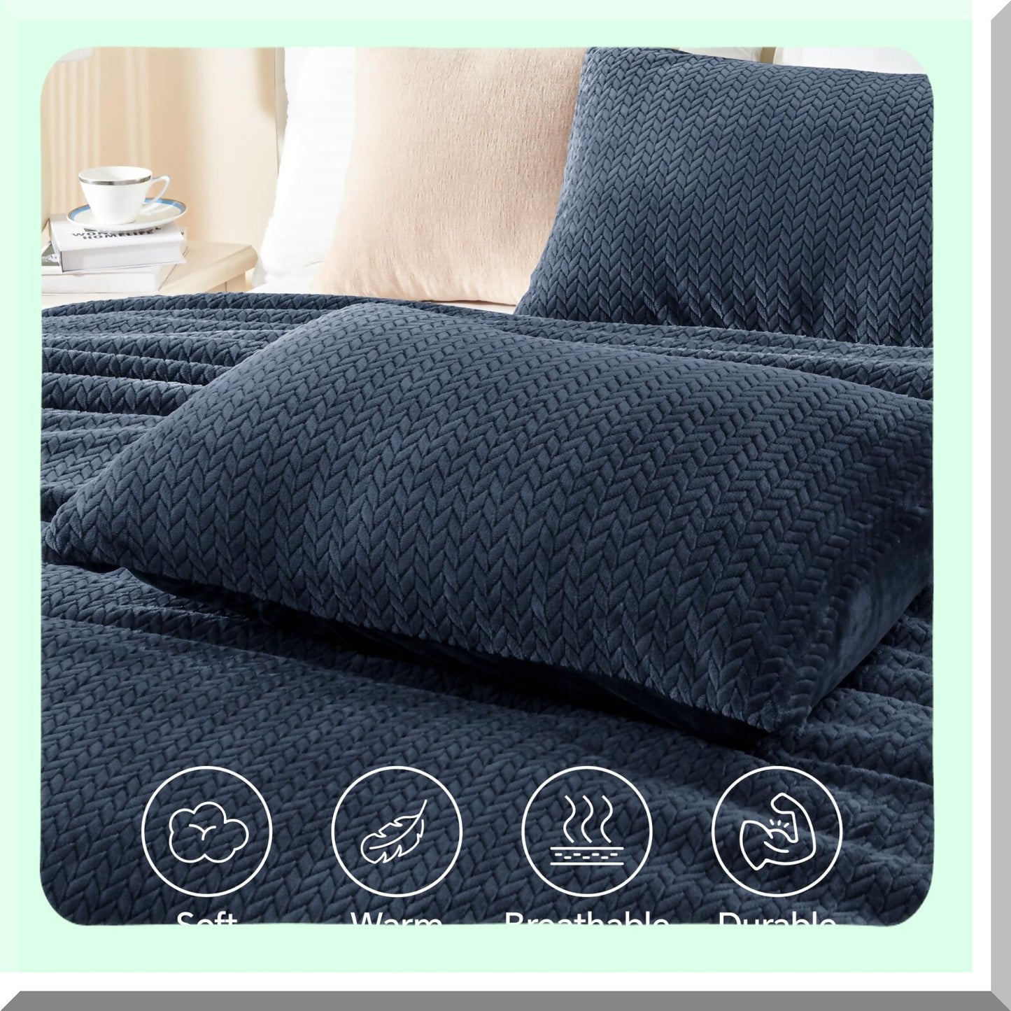 Navy Velvet Leaves Comforter Set - Winter Ultra Soft Fuzzy Bedding - 3 Piece Knitting Bed Set - Fluffy Comfort Set for Bed - Patterned Comfort Set