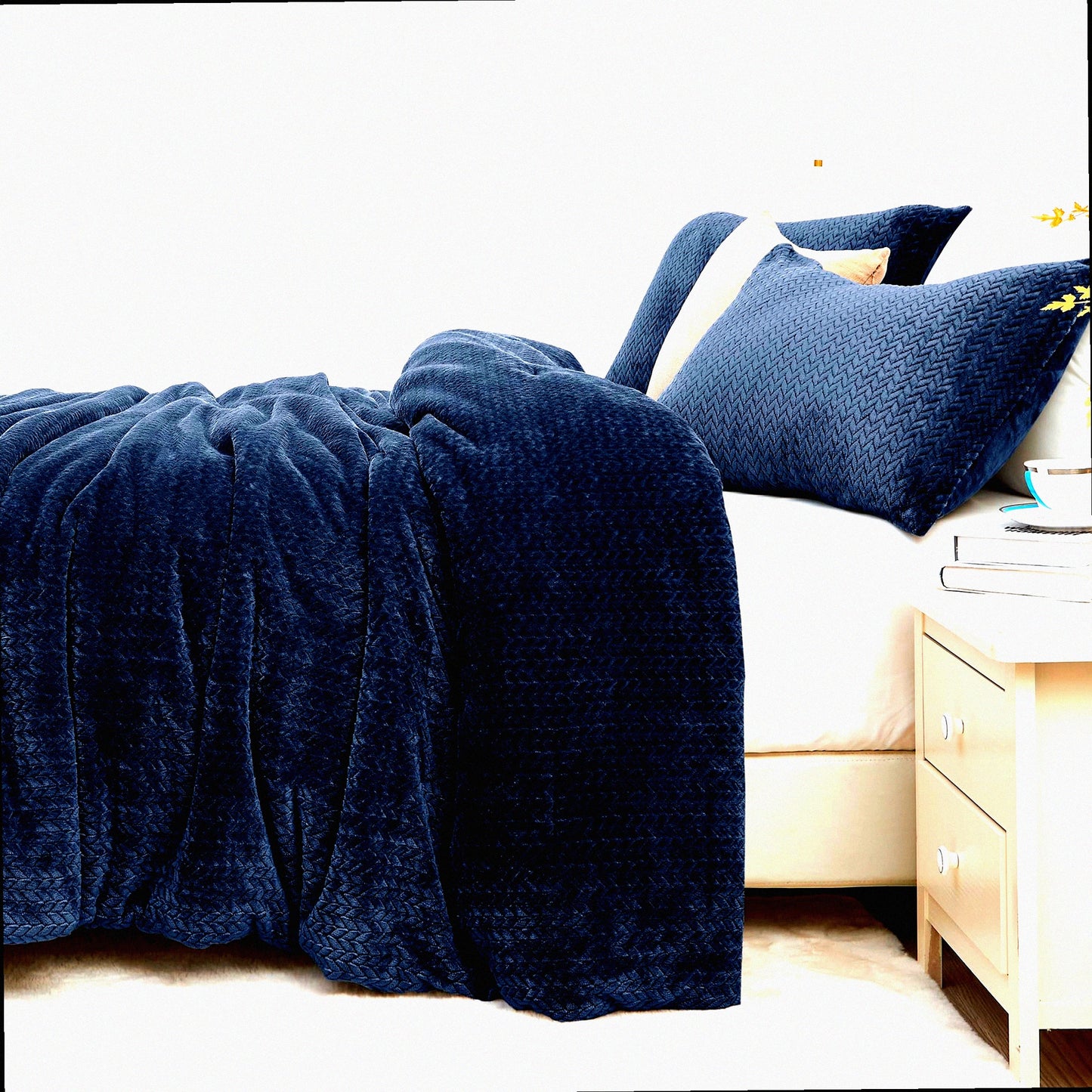 Navy Velvet Leaves Comforter Set - Winter Ultra Soft Fuzzy Bedding - 3 Piece Knitting Bed Set - Fluffy Comfort Set for Bed - Patterned Comfort Set
