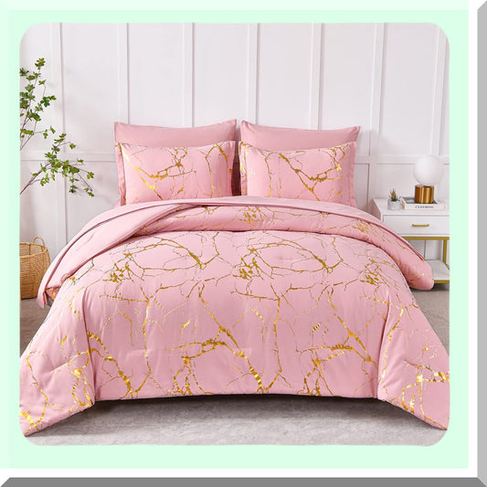 Pink Glitter Marble Comforter Set - Queen Size 7 Piece Bed in a Bag - Soft Microfiber Bedding Set - All Season Complete Bedding Set - F Print Gold Metallic Sheets