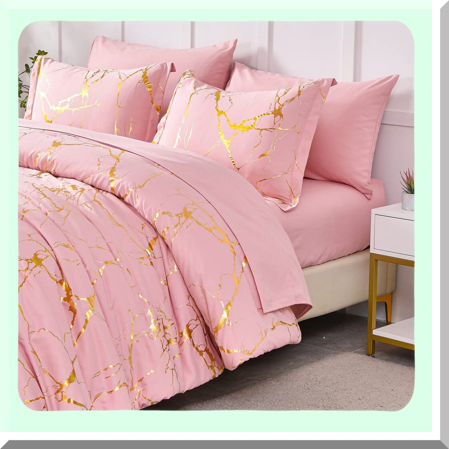 Pink Glitter Marble Comforter Set - Queen Size 7 Piece Bed in a Bag - Soft Microfiber Bedding Set - All Season Complete Bedding Set - F Print Gold Metallic Sheets