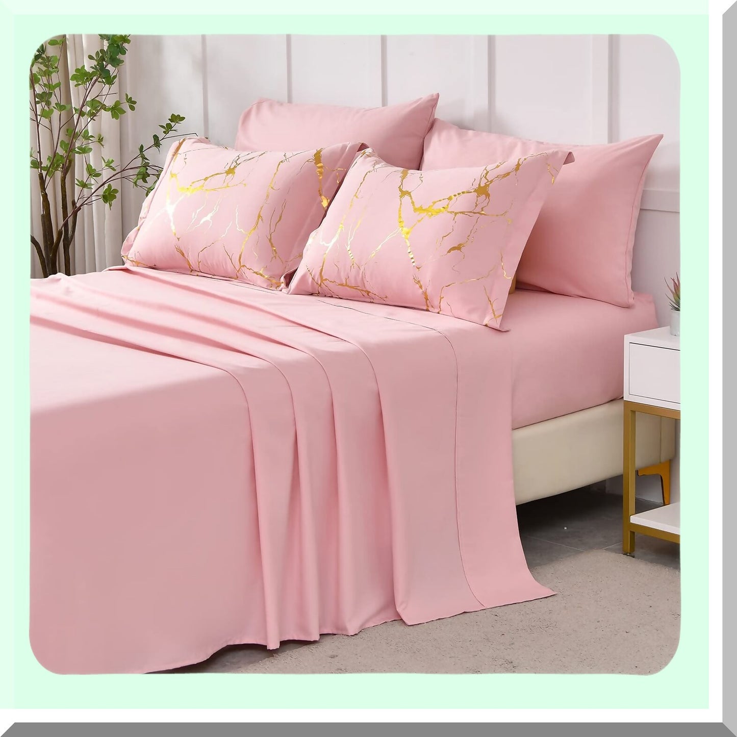 Pink Glitter Marble Comforter Set - Queen Size 7 Piece Bed in a Bag - Soft Microfiber Bedding Set - All Season Complete Bedding Set - F Print Gold Metallic Sheets