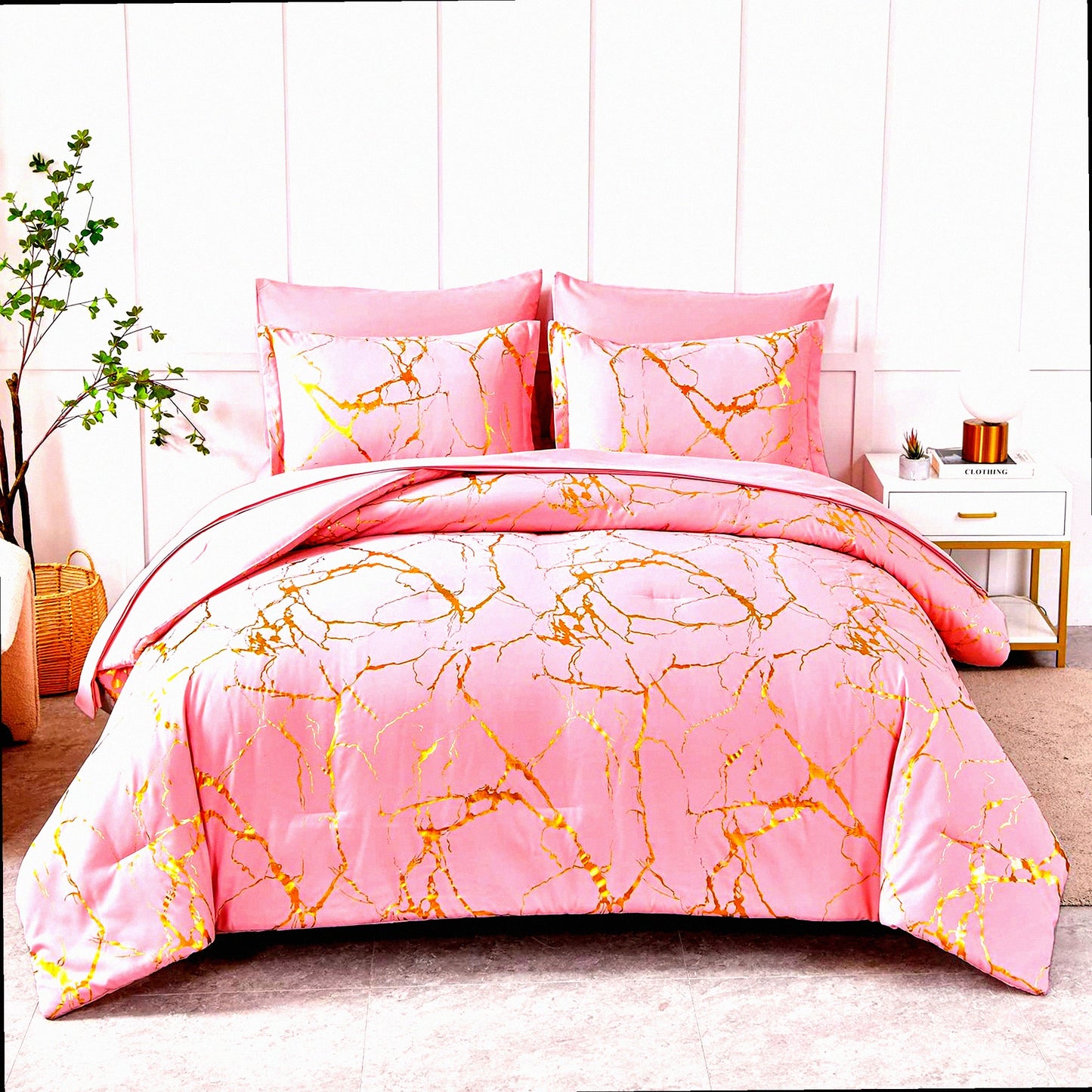 Pink Glitter Marble Comforter Set - Queen Size 7 Piece Bed in a Bag - Soft Microfiber Bedding Set - All Season Complete Bedding Set - F Print Gold Metallic Sheets