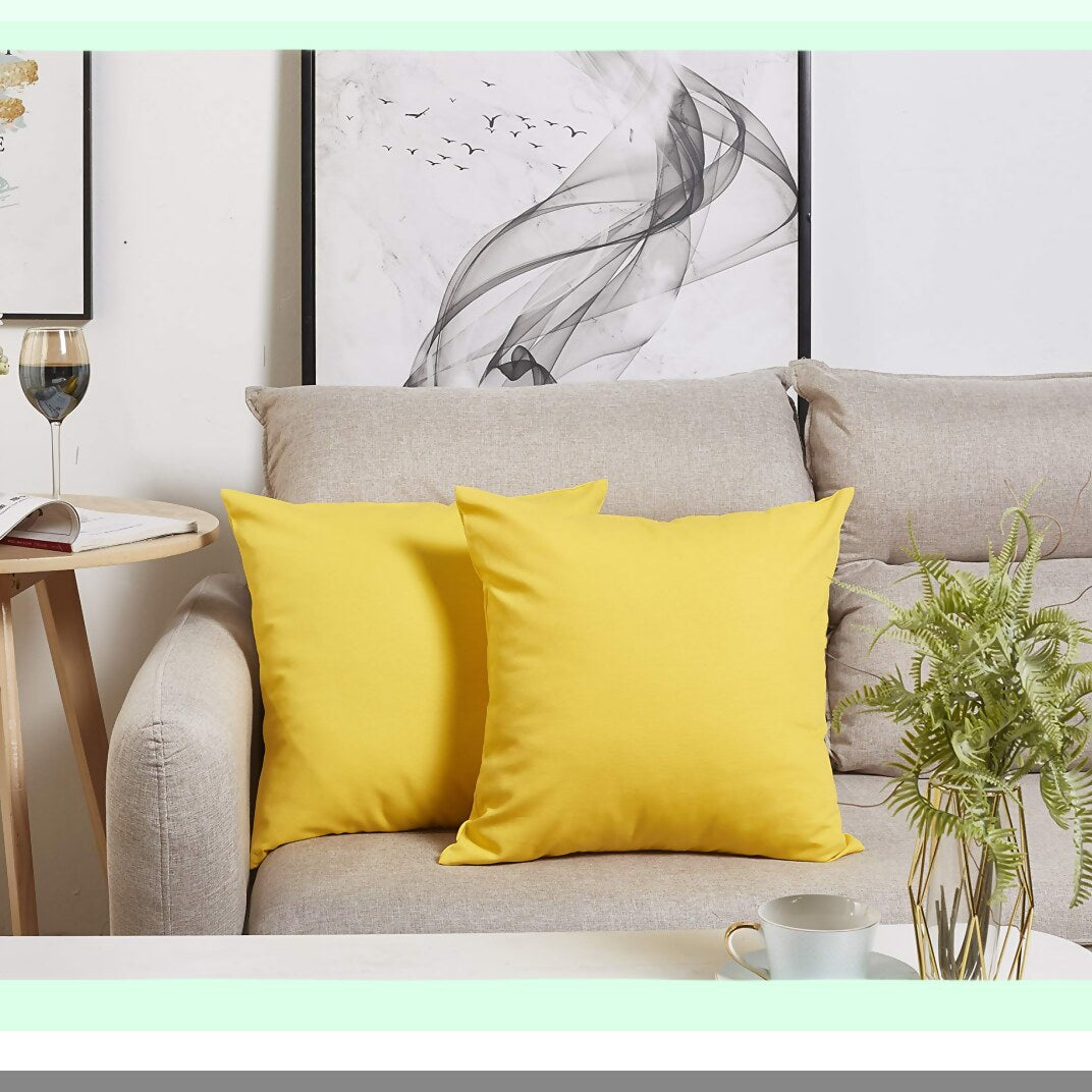 Colorful Cotton Canvas Pillow Covers - Set of 2 Decorative Cushion Cases, 18x18 Inches, Vibrant Yellow - 45 Color Options, Solid Design