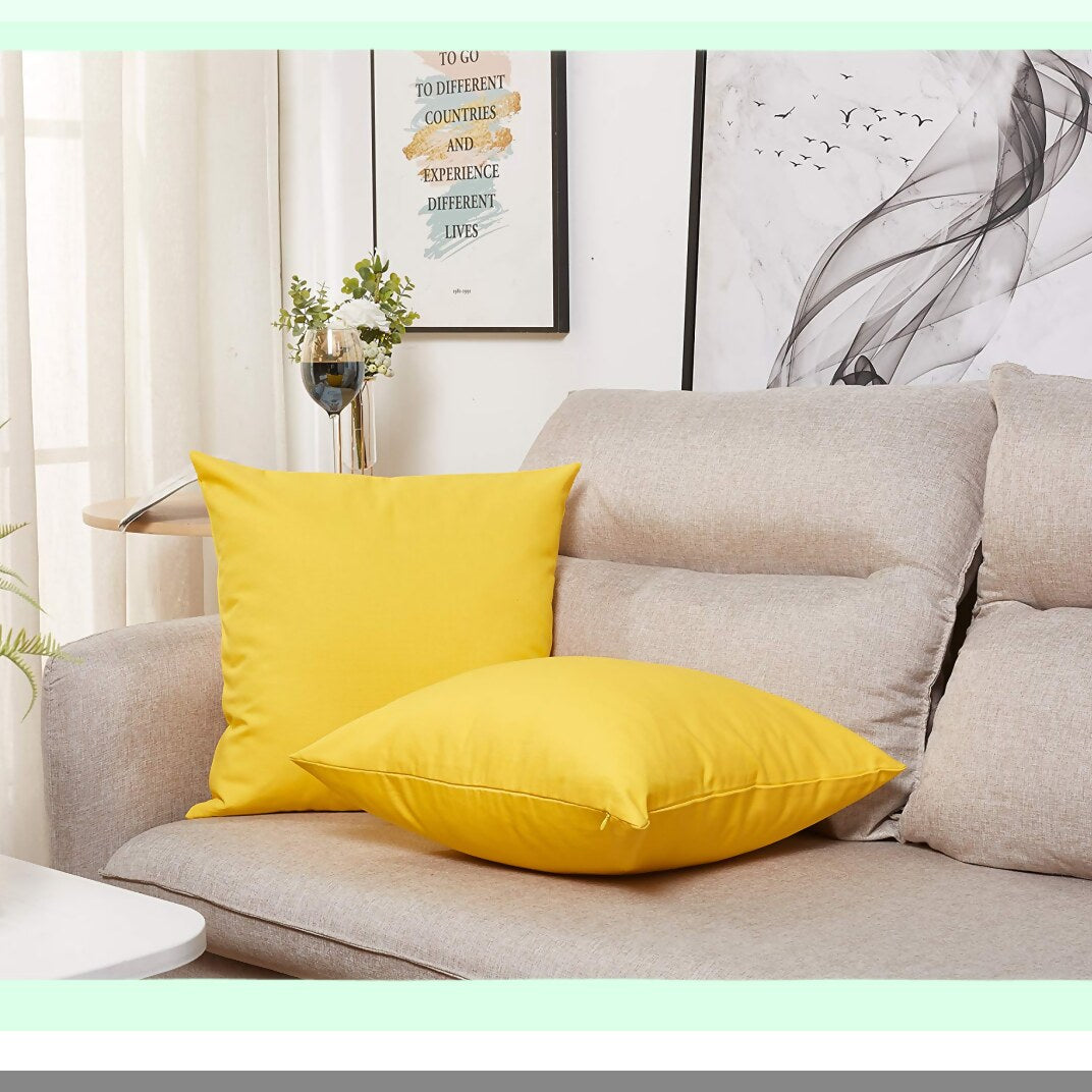 Colorful Cotton Canvas Pillow Covers - Set of 2 Decorative Cushion Cases, 18x18 Inches, Vibrant Yellow - 45 Color Options, Solid Design