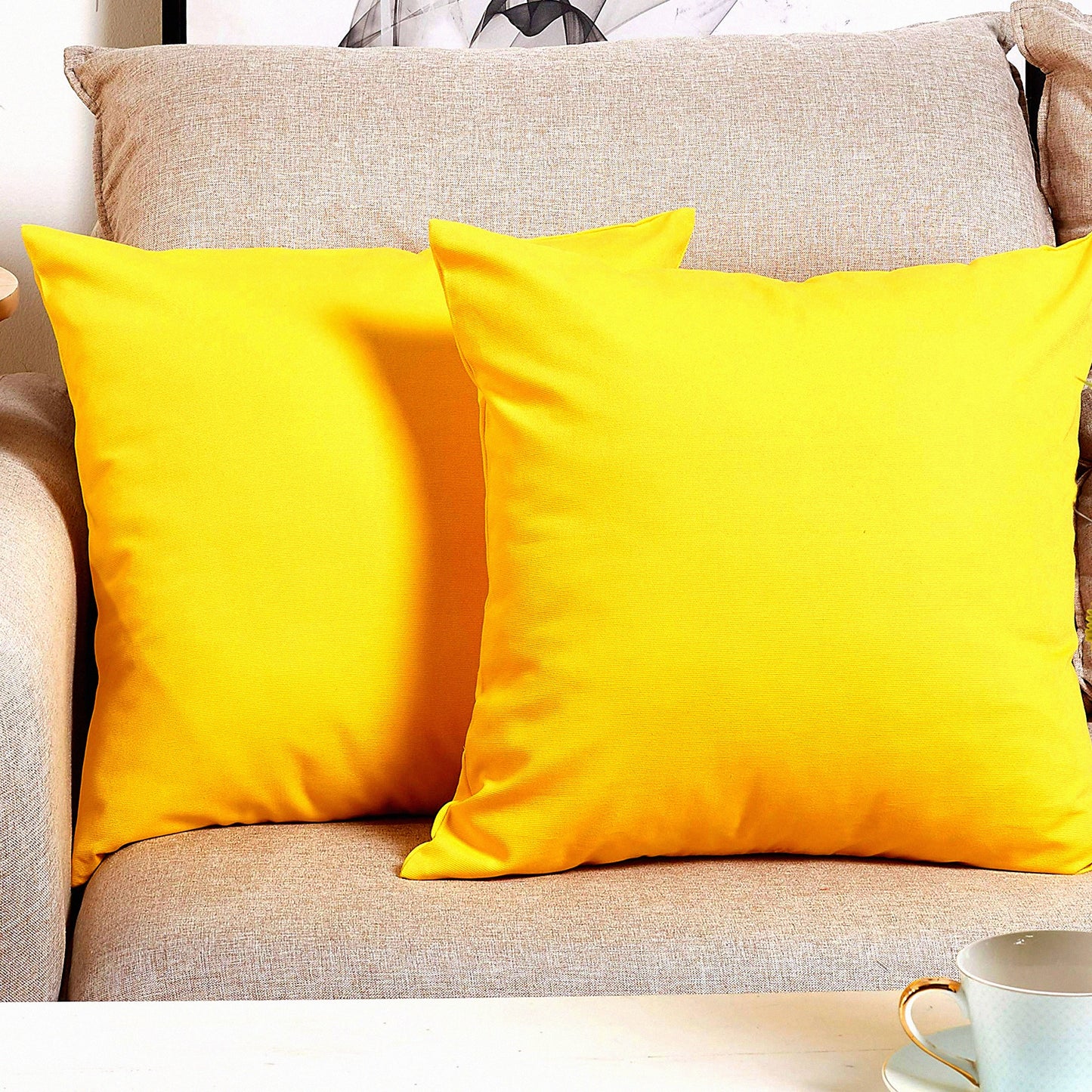 Colorful Cotton Canvas Pillow Covers - Set of 2 Decorative Cushion Cases, 18x18 Inches, Vibrant Yellow - 45 Color Options, Solid Design