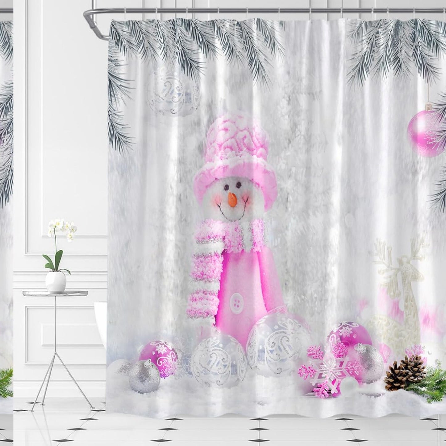 Pink Snowman Holiday Shower Curtain 70x70 inches