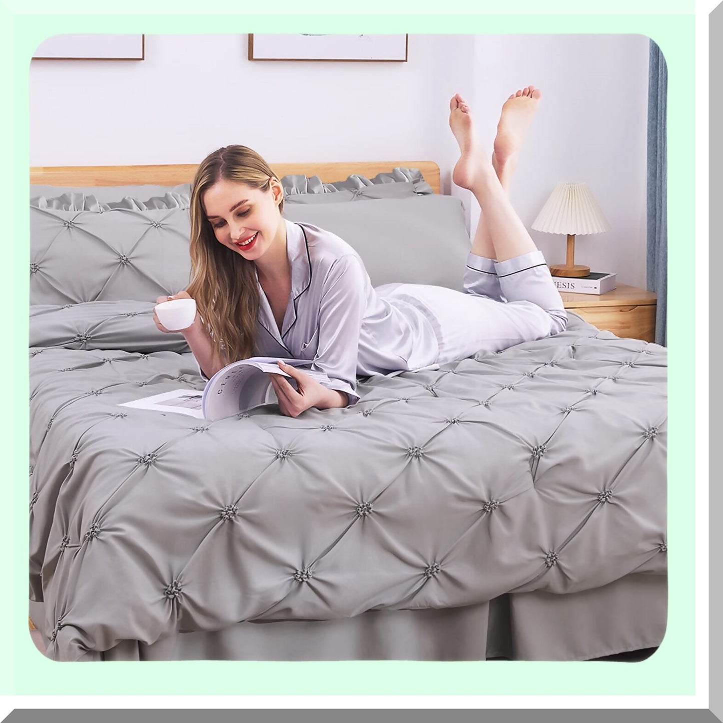 Luxury Pintuck Gray Bedding Set - 7 Piece Comforter Set with Sheets, Shams, and Pillowcases - King Size Bed in a Bag for Bedroom Comfort
