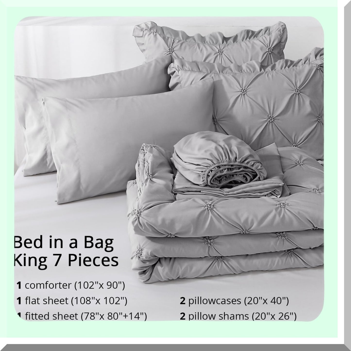 Luxury Pintuck Gray Bedding Set - 7 Piece Comforter Set with Sheets, Shams, and Pillowcases - King Size Bed in a Bag for Bedroom Comfort