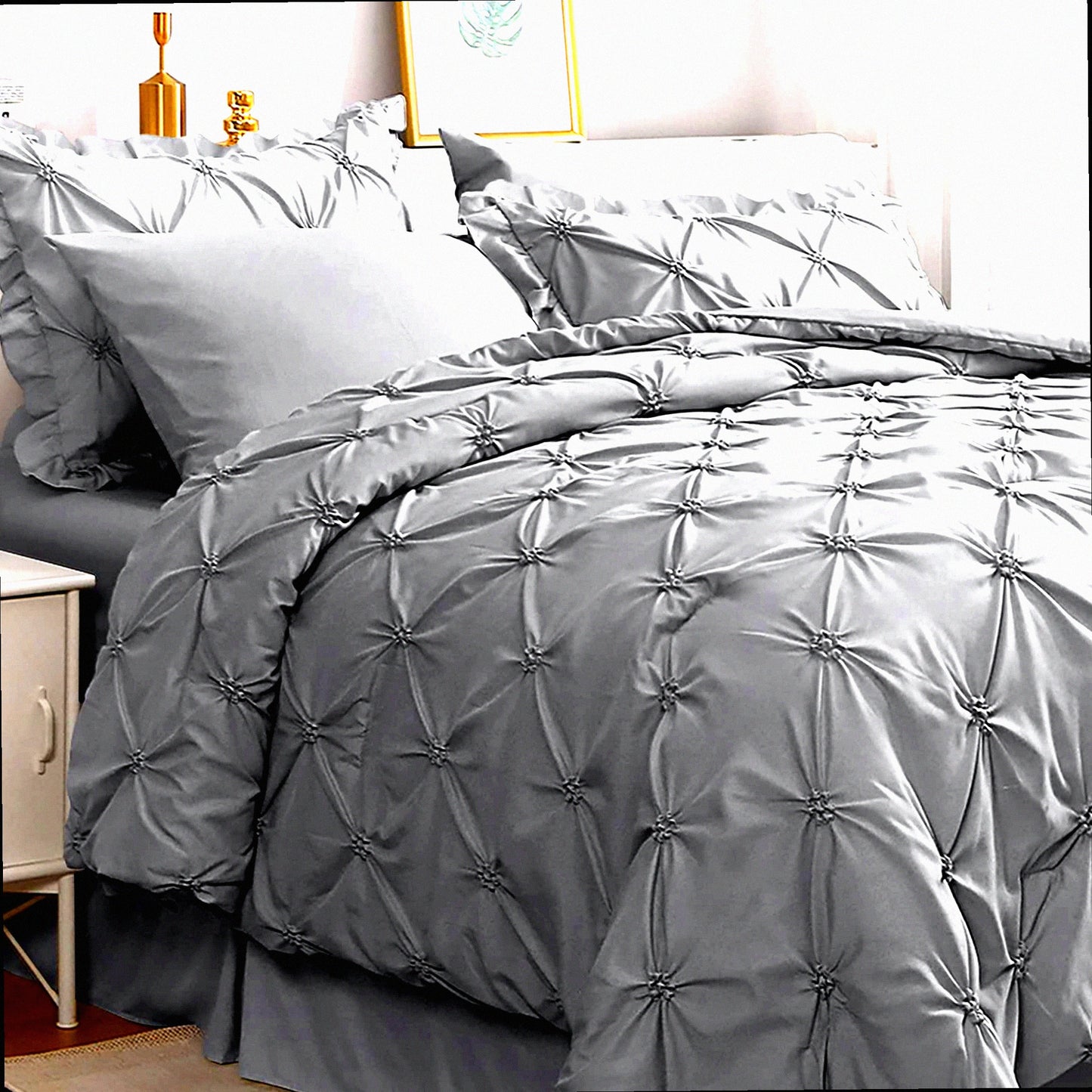 Luxury Pintuck Gray Bedding Set - 7 Piece Comforter Set with Sheets, Shams, and Pillowcases - King Size Bed in a Bag for Bedroom Comfort