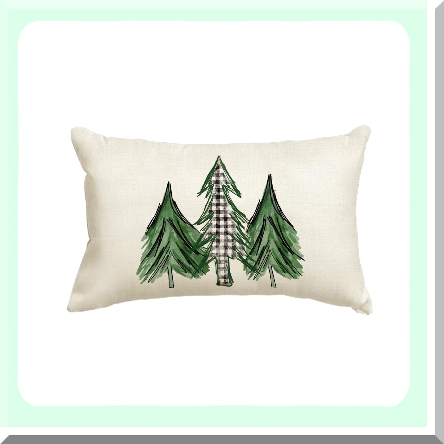 Holiday Tree Watercolor Buffalo Plaid Pillow Cover - 12x20 Inch Cushion Case for Sofa Couch Decoration
