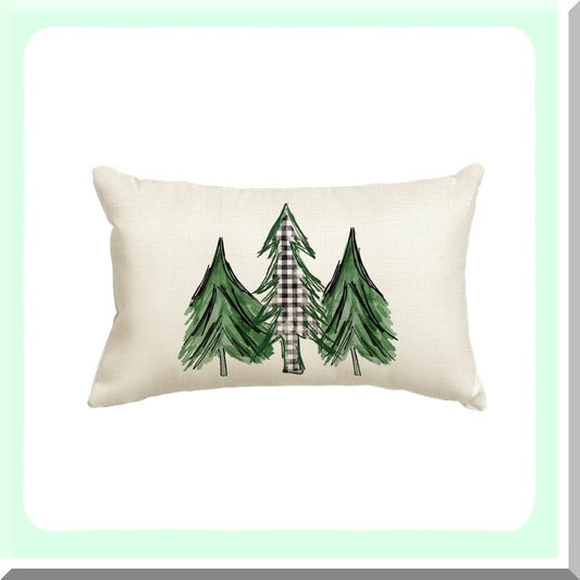 Holiday Tree Watercolor Buffalo Plaid Pillow Cover - 12x20 Inch Cushion Case for Sofa Couch Decoration