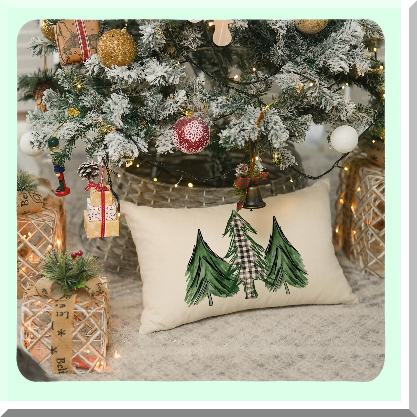 Holiday Tree Watercolor Buffalo Plaid Pillow Cover - 12x20 Inch Cushion Case for Sofa Couch Decoration