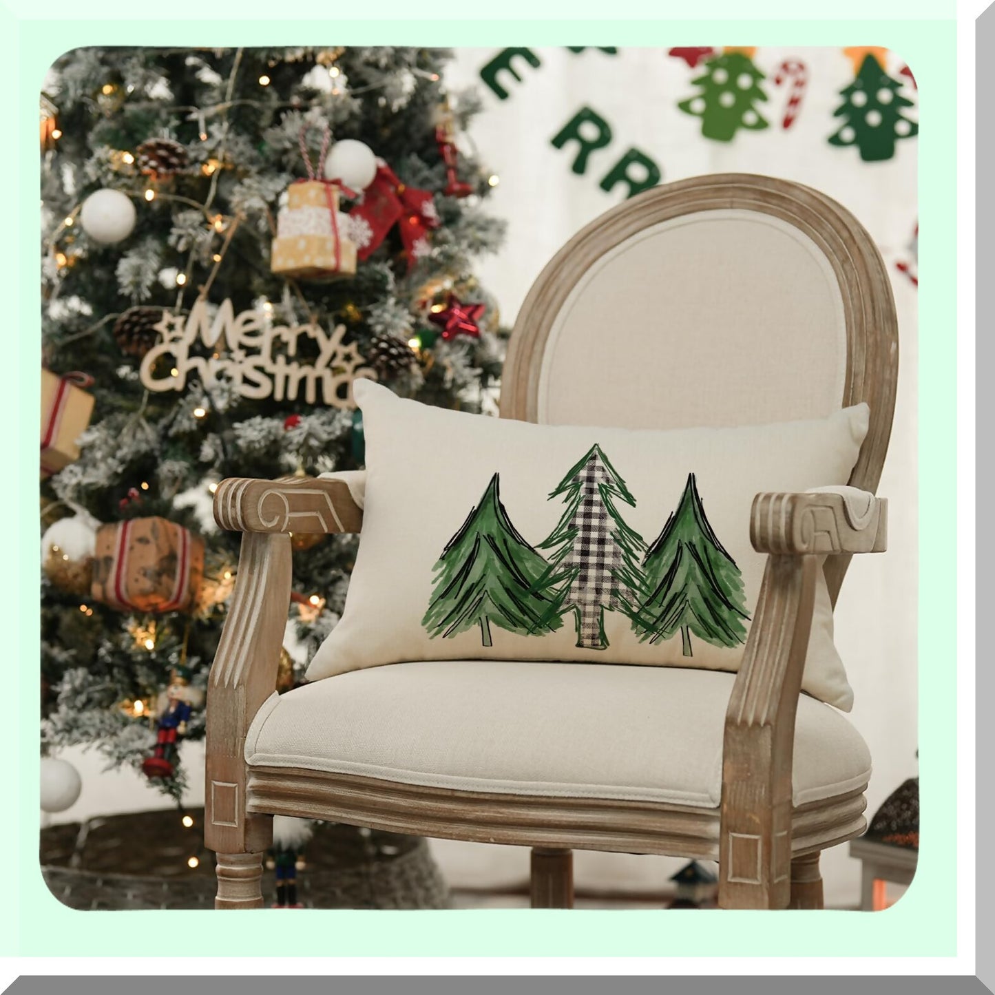 Holiday Tree Watercolor Buffalo Plaid Pillow Cover - 12x20 Inch Cushion Case for Sofa Couch Decoration