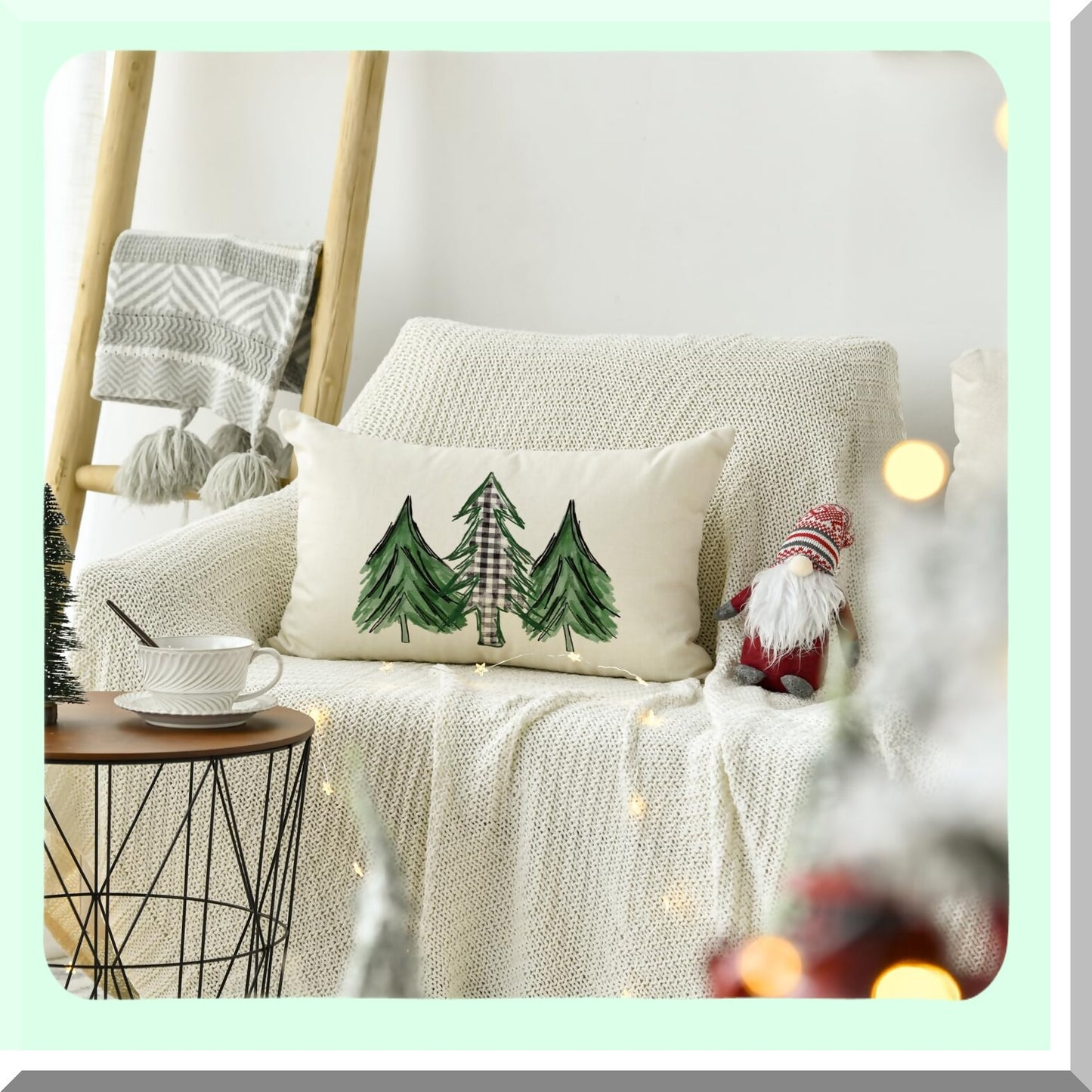 Holiday Tree Watercolor Buffalo Plaid Pillow Cover - 12x20 Inch Cushion Case for Sofa Couch Decoration