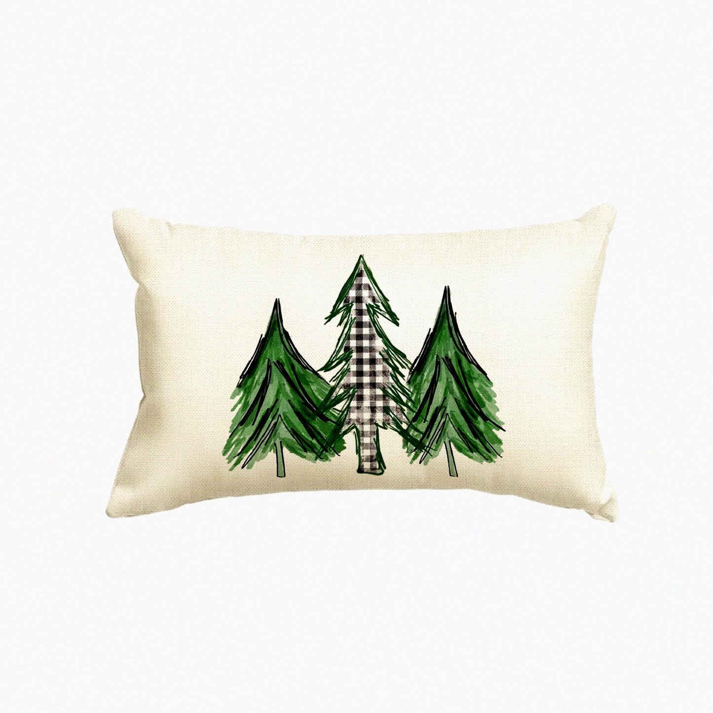 Holiday Tree Watercolor Buffalo Plaid Pillow Cover - 12x20 Inch Cushion Case for Sofa Couch Decoration