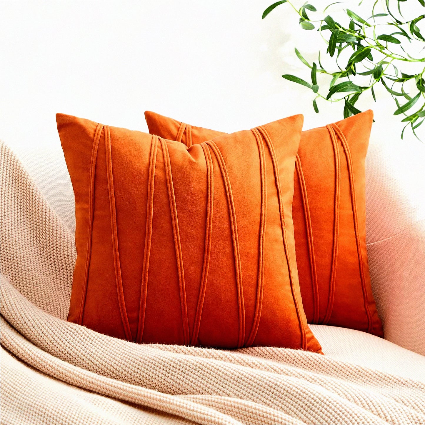 Rustic Velvet Square Pillow Covers - Set of 2 | Burnt Orange Decorative Cushion Cases for Couch & Bedroom | Minimalist Fall Home Decor - 18 x 18 Inch