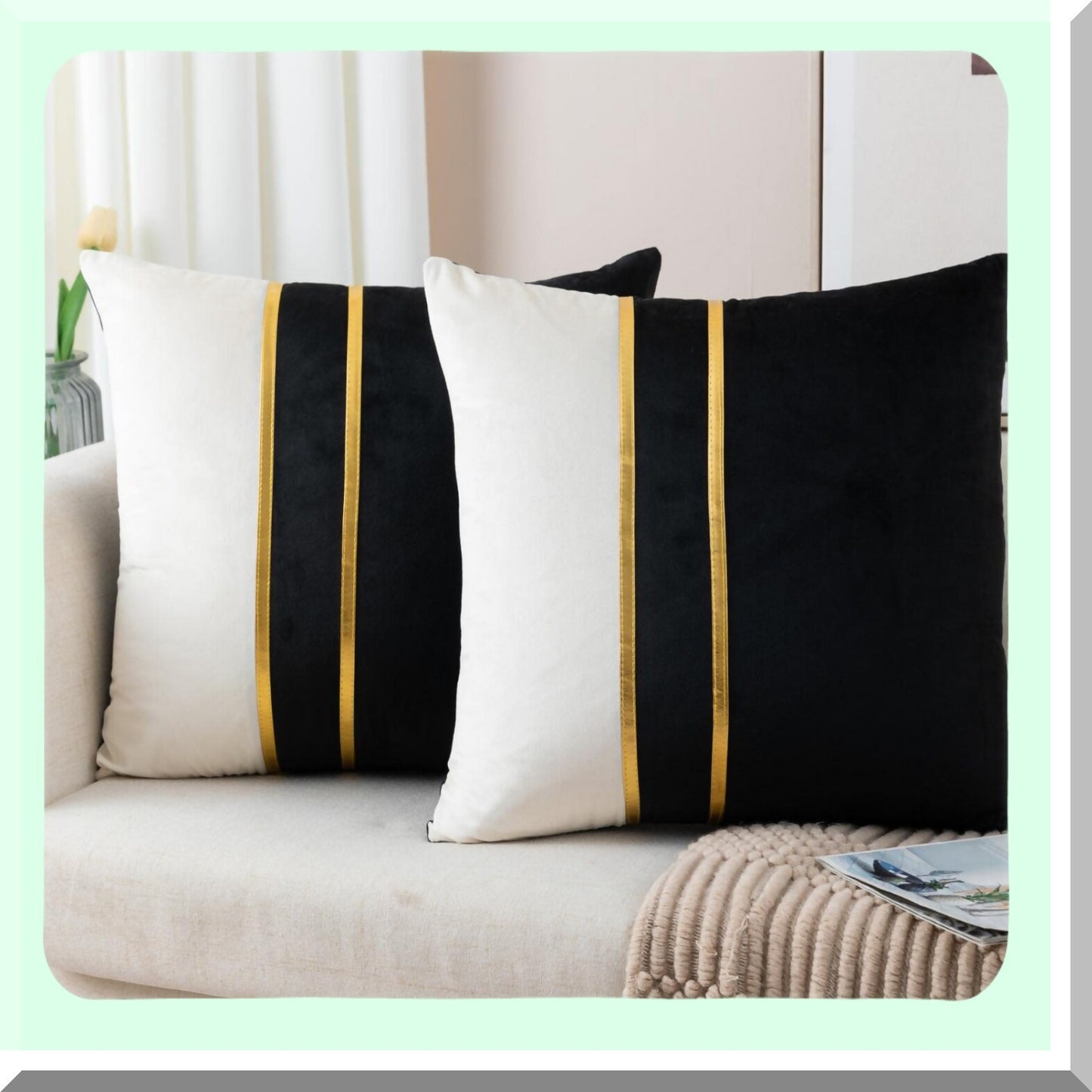 Luxury Velvet Patchwork Gold Leather Pillow Covers - Set of 2 | Black White 18 Inch Cushion Covers for Living Room, Bedroom, Sofa, Car Décor