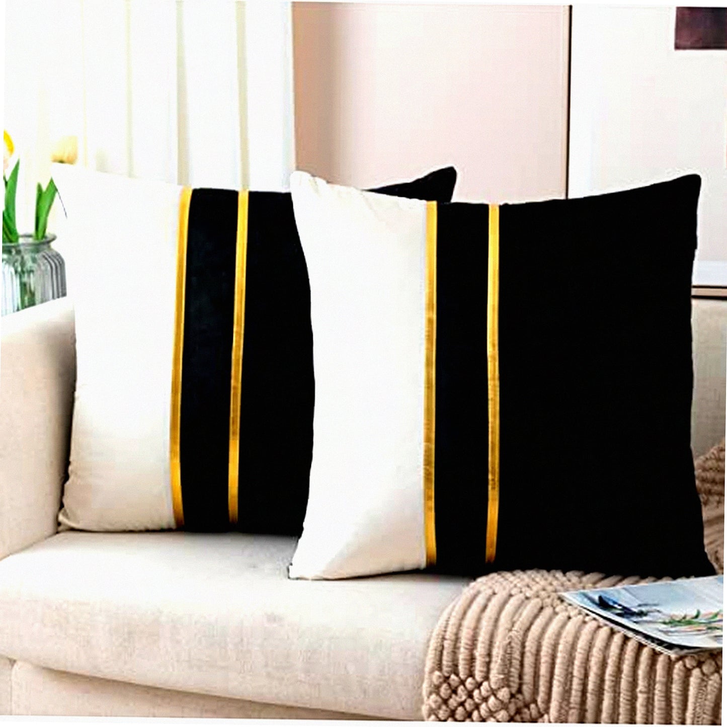 Luxury Velvet Patchwork Gold Leather Pillow Covers - Set of 2 | Black White 18 Inch Cushion Covers for Living Room, Bedroom, Sofa, Car Décor