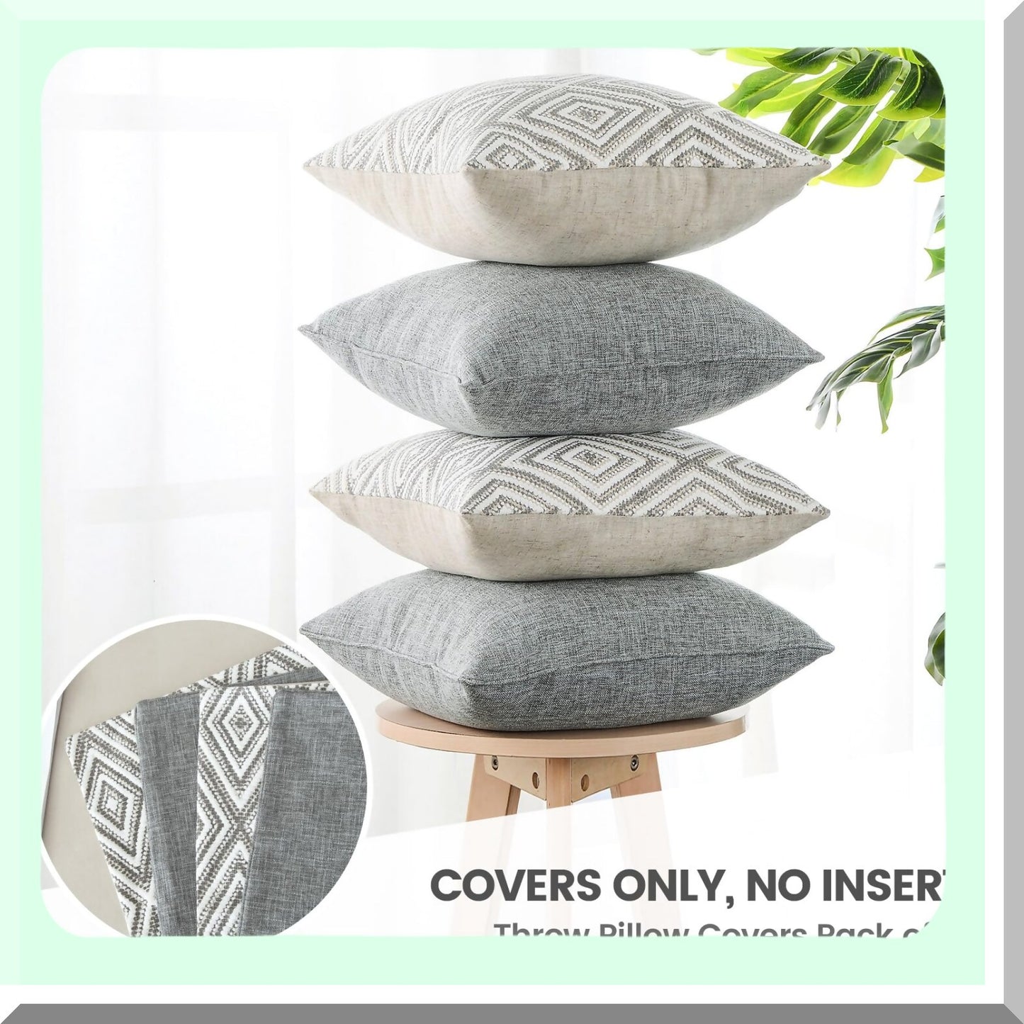 Linen Square Decorative Pillow Covers Set - Soft Cushion Covers for Sofa, 20x20 Inches, Grey - Pack of 4 - Living Room Couch Pillows