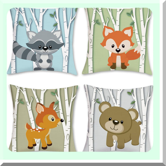 Woodland Critter Cushion Covers 18x18 Set of 4 - Deer Fox Bear Raccoon Decorative Throw Pillowcases - Polyester Linen Sofa Couch Kids Room Decor
