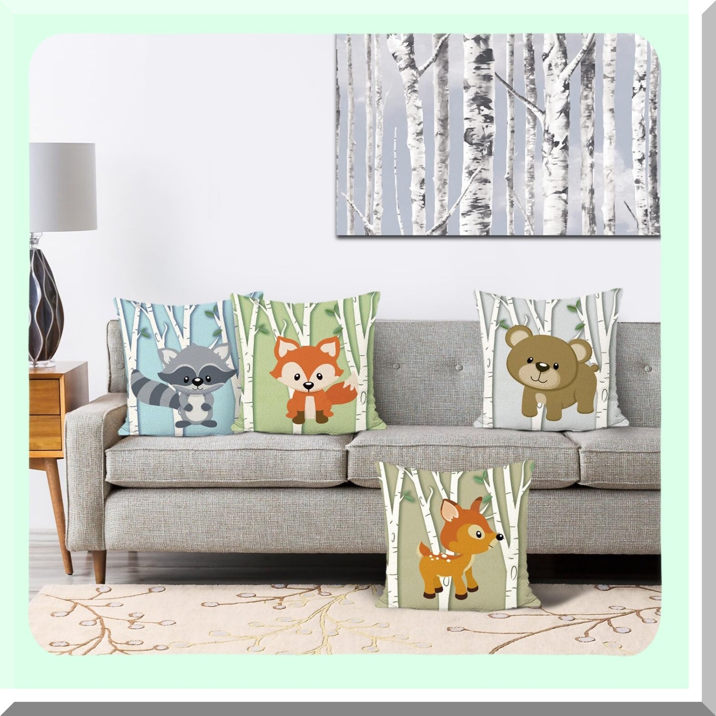 Woodland Critter Cushion Covers 18x18 Set of 4 - Deer Fox Bear Raccoon Decorative Throw Pillowcases - Polyester Linen Sofa Couch Kids Room Decor