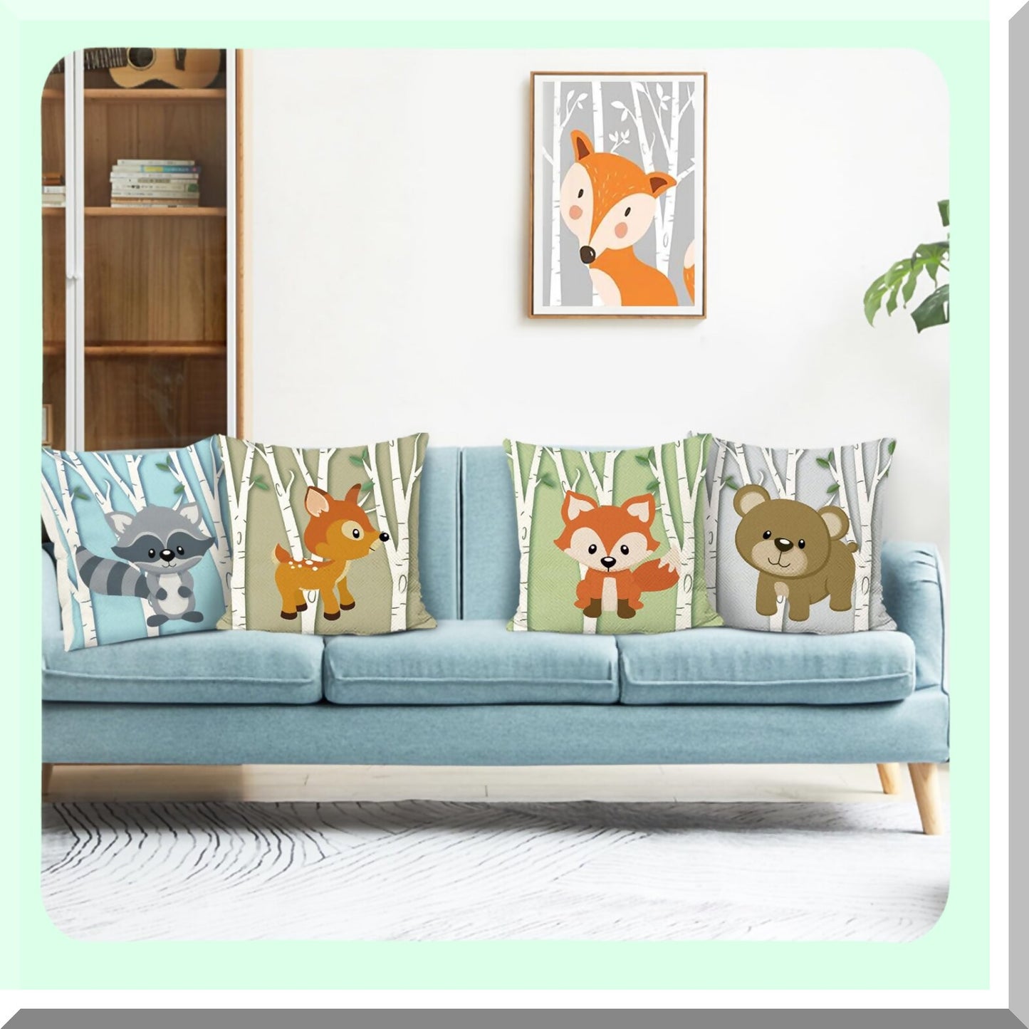 Woodland Critter Cushion Covers 18x18 Set of 4 - Deer Fox Bear Raccoon Decorative Throw Pillowcases - Polyester Linen Sofa Couch Kids Room Decor