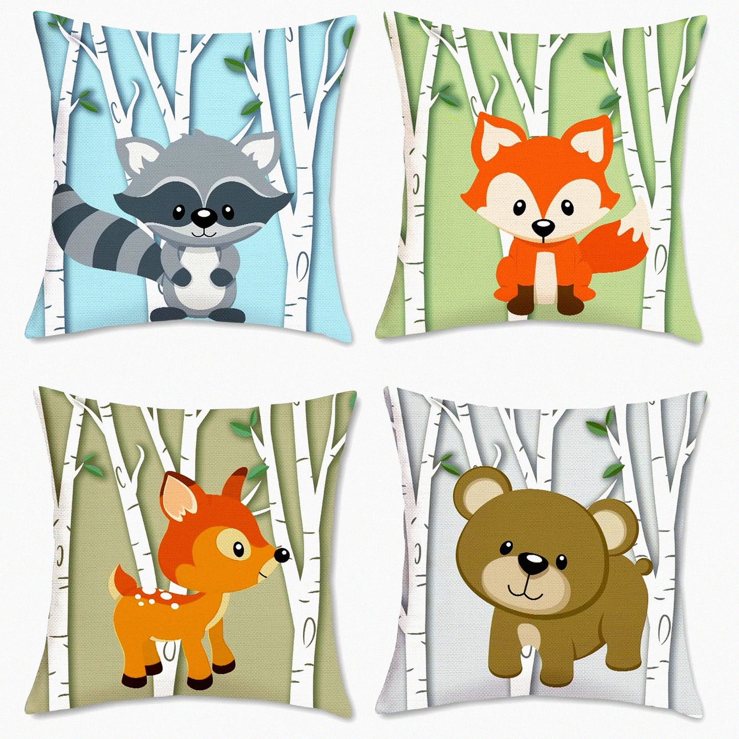 Woodland Critter Cushion Covers 18x18 Set of 4 - Deer Fox Bear Raccoon Decorative Throw Pillowcases - Polyester Linen Sofa Couch Kids Room Decor