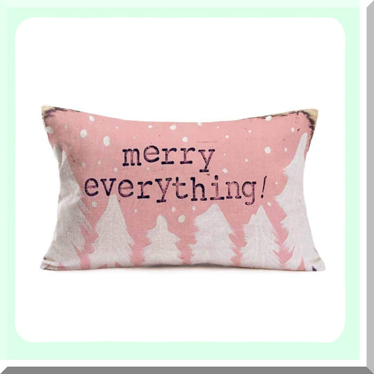 Pink Xmas Farmhouse Throw Pillow - Merry Everything Quote Cushion Cover - 12x20 Inch Cotton Linen Outdoor Decor - White Trees Background Case