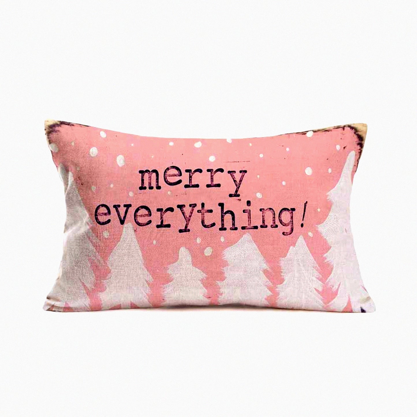 Pink Xmas Farmhouse Throw Pillow - Merry Everything Quote Cushion Cover - 12x20 Inch Cotton Linen Outdoor Decor - White Trees Background Case