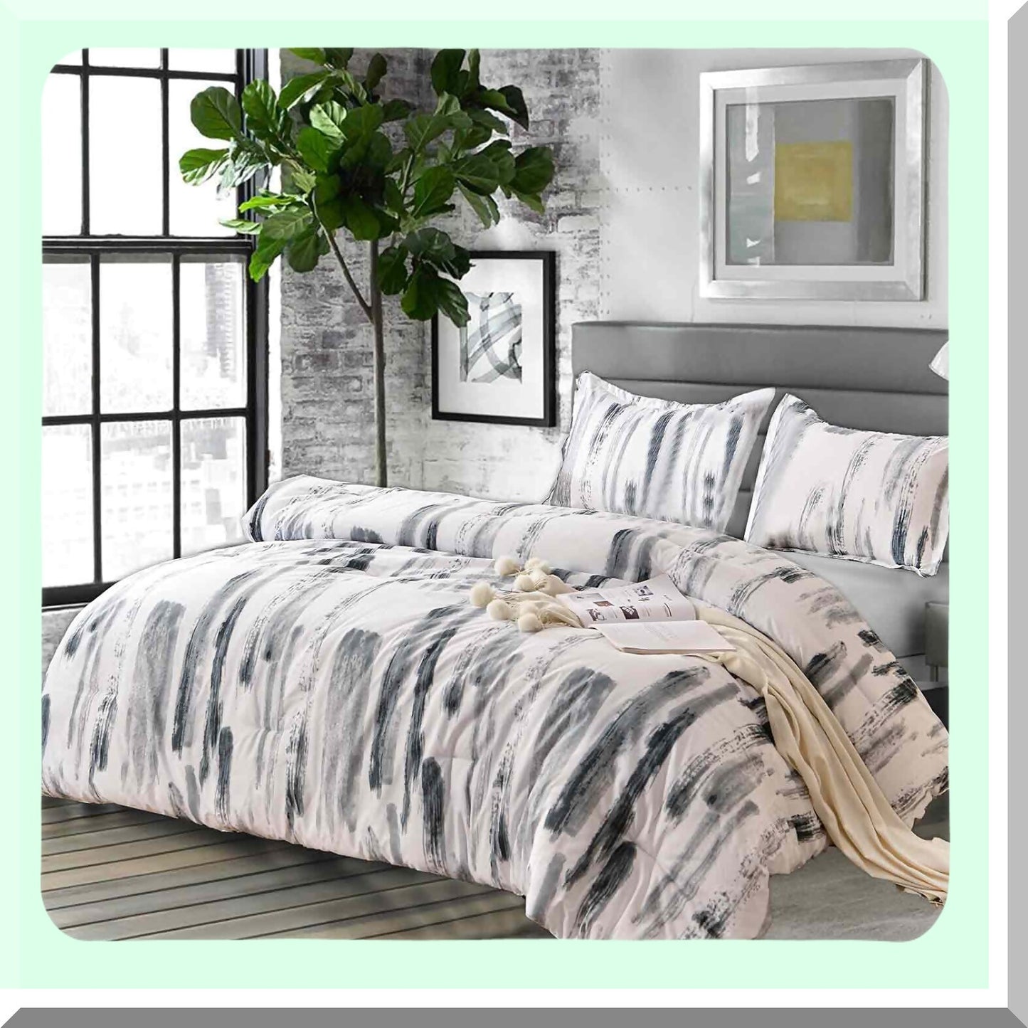 Art Grey White Reversible Comforter Set - 3pc Microfiber Bedding with Modern Printed Pattern, All Season Duvet & 2 Pillowcases for Women Men - Size 88 x 90 Gray