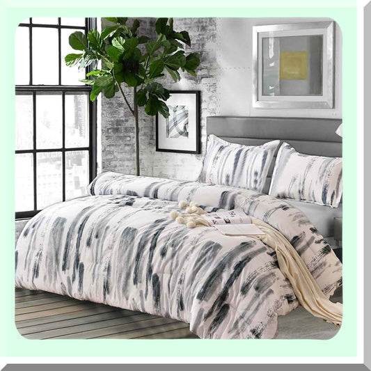 Art Grey White Reversible Comforter Set - 3pc Microfiber Bedding with Modern Printed Pattern, All Season Duvet & 2 Pillowcases for Women Men - Size 88 x 90 Gray