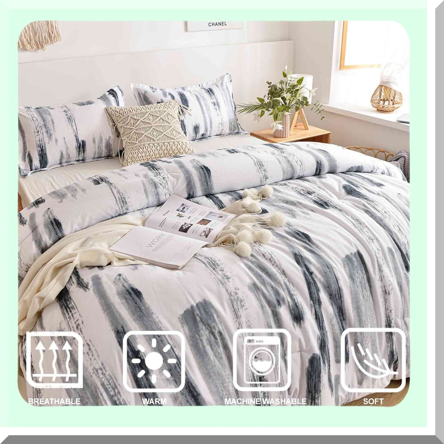 Art Grey White Reversible Comforter Set - 3pc Microfiber Bedding with Modern Printed Pattern, All Season Duvet & 2 Pillowcases for Women Men - Size 88 x 90 Gray