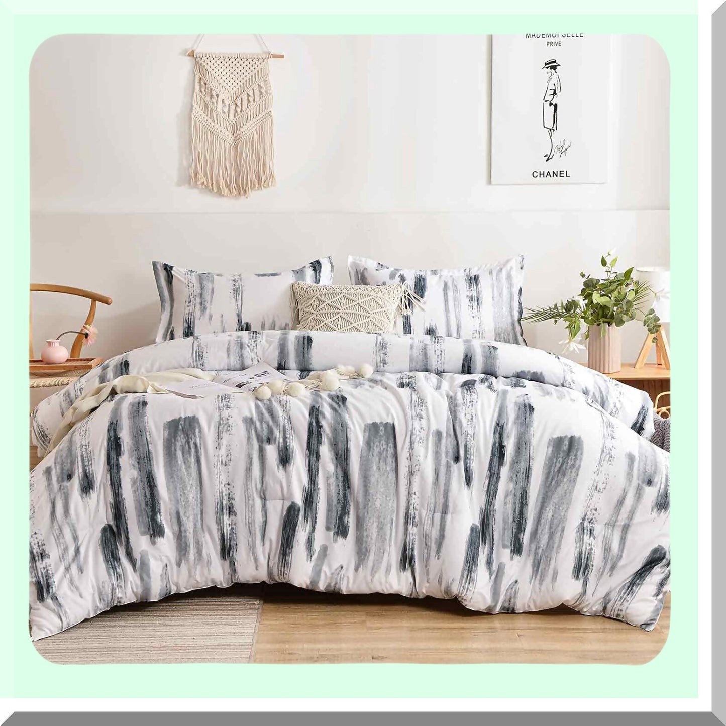 Art Grey White Reversible Comforter Set - 3pc Microfiber Bedding with Modern Printed Pattern, All Season Duvet & 2 Pillowcases for Women Men - Size 88 x 90 Gray