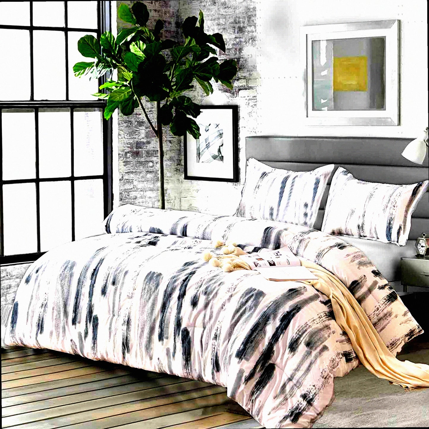 Art Grey White Reversible Comforter Set - 3pc Microfiber Bedding with Modern Printed Pattern, All Season Duvet & 2 Pillowcases for Women Men - Size 88 x 90 Gray