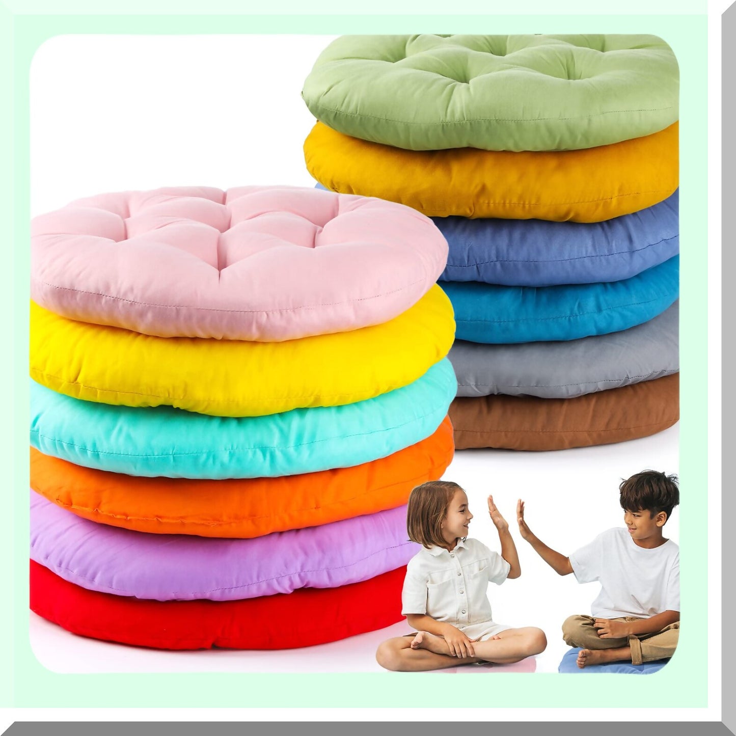 Colorful Round Seat Cushions - Set of 12 | 15 x 15 Inches Floor Pillows for Kids & Adults | Reading Cushion for Home, School, Clroom | Playing Supplies