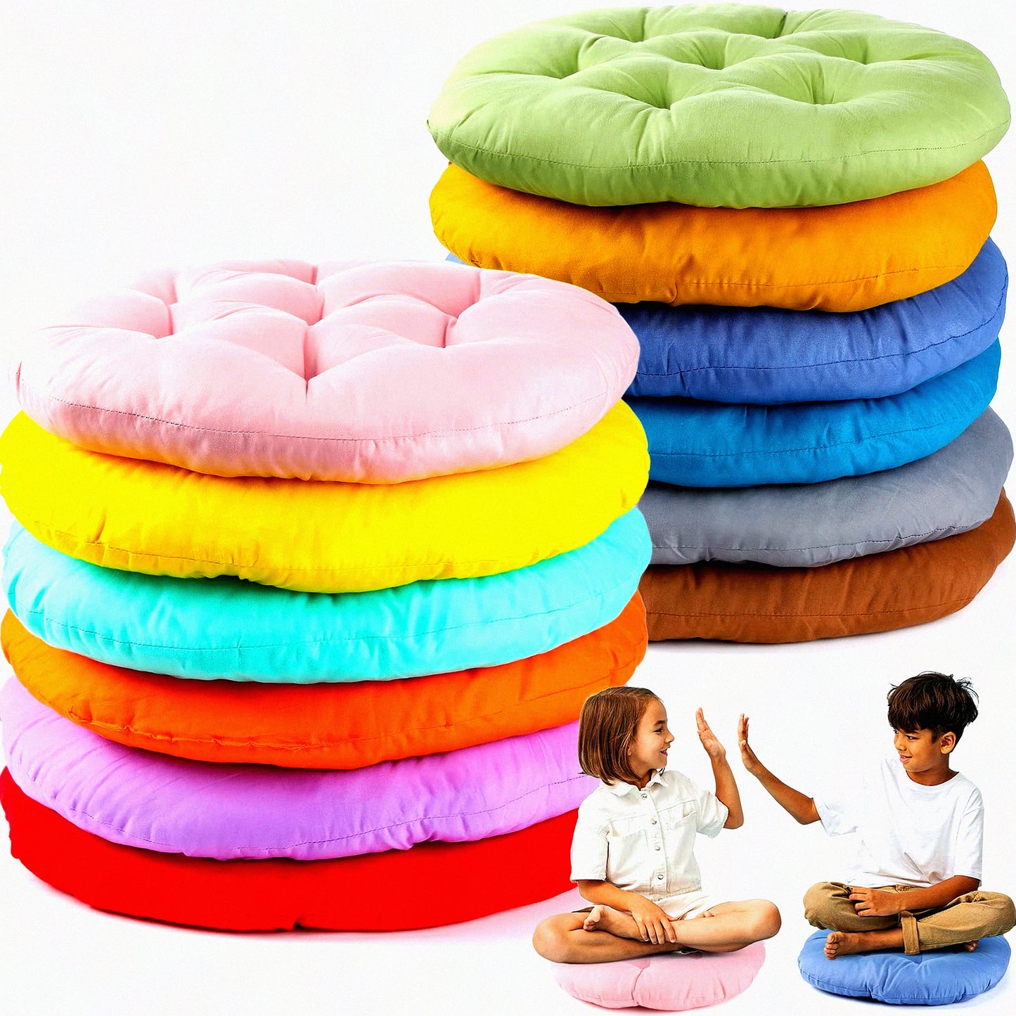 Colorful Round Seat Cushions - Set of 12 | 15 x 15 Inches Floor Pillows for Kids & Adults | Reading Cushion for Home, School, Clroom | Playing Supplies