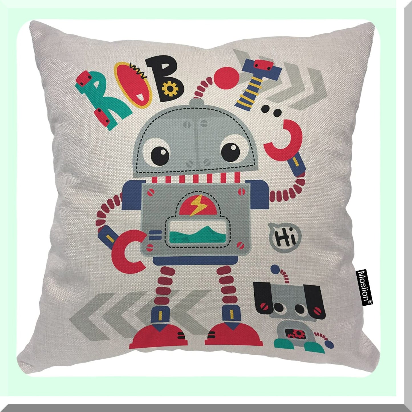 Cute Robot Friends Pillowcase - 18x18 Inch Cartoon Robot & Robotic Dog Throw Pillow Cover - Decorative Cushion for Couch & Bed - Cotton Linen