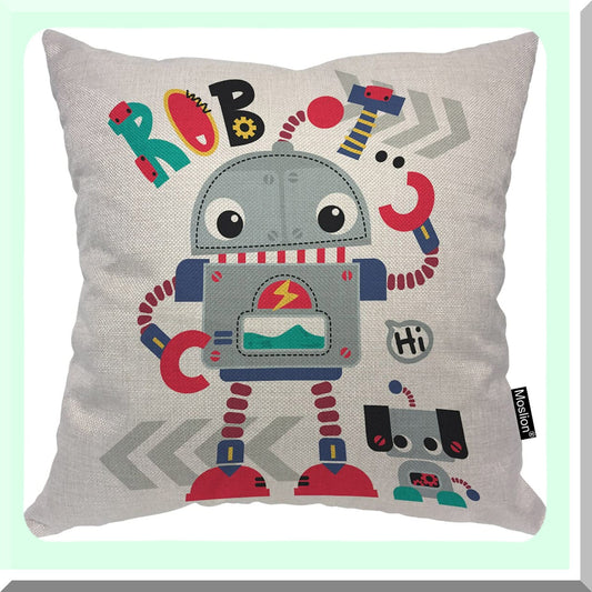 Cute Robot Friends Pillowcase - 18x18 Inch Cartoon Robot & Robotic Dog Throw Pillow Cover - Decorative Cushion for Couch & Bed - Cotton Linen