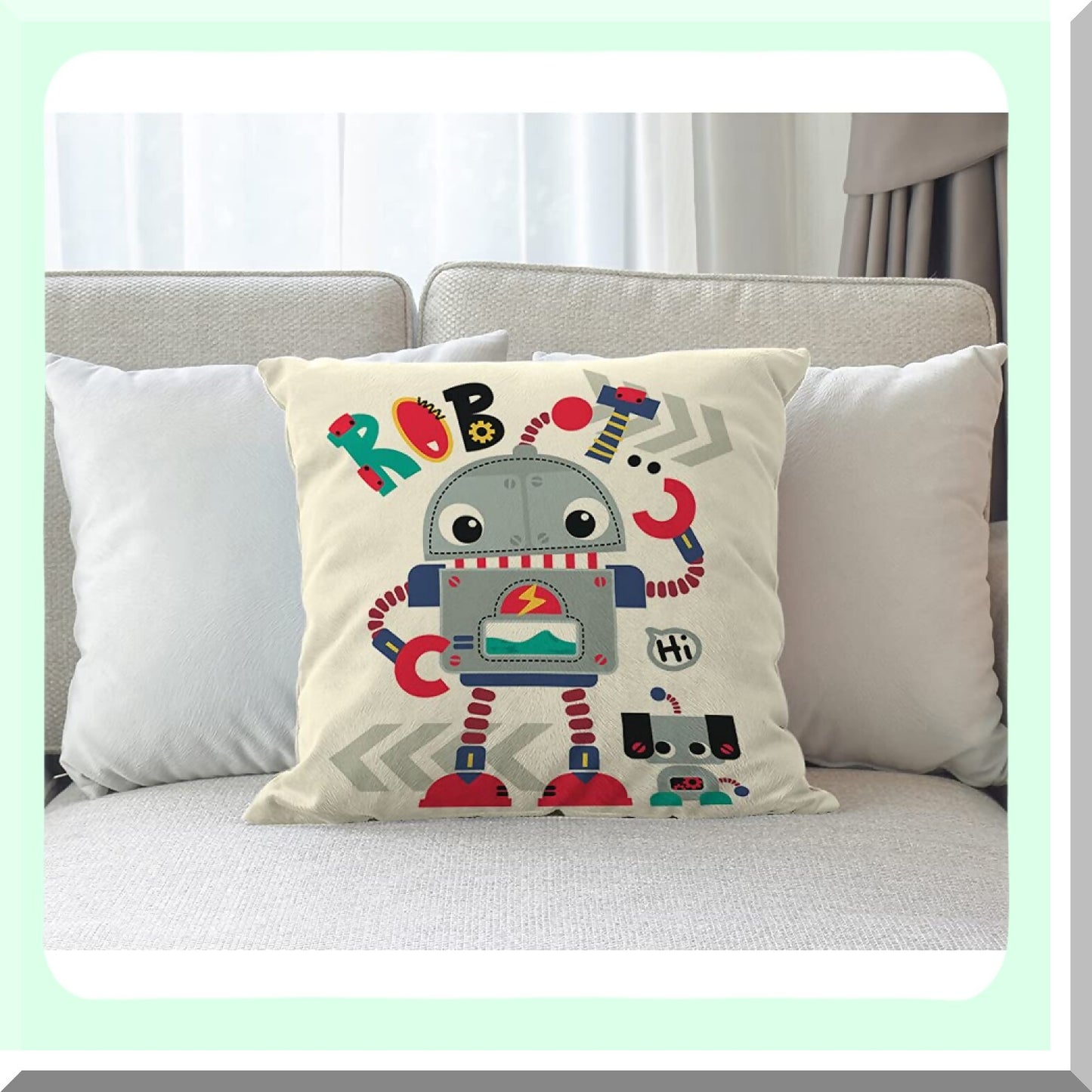 Cute Robot Friends Pillowcase - 18x18 Inch Cartoon Robot & Robotic Dog Throw Pillow Cover - Decorative Cushion for Couch & Bed - Cotton Linen