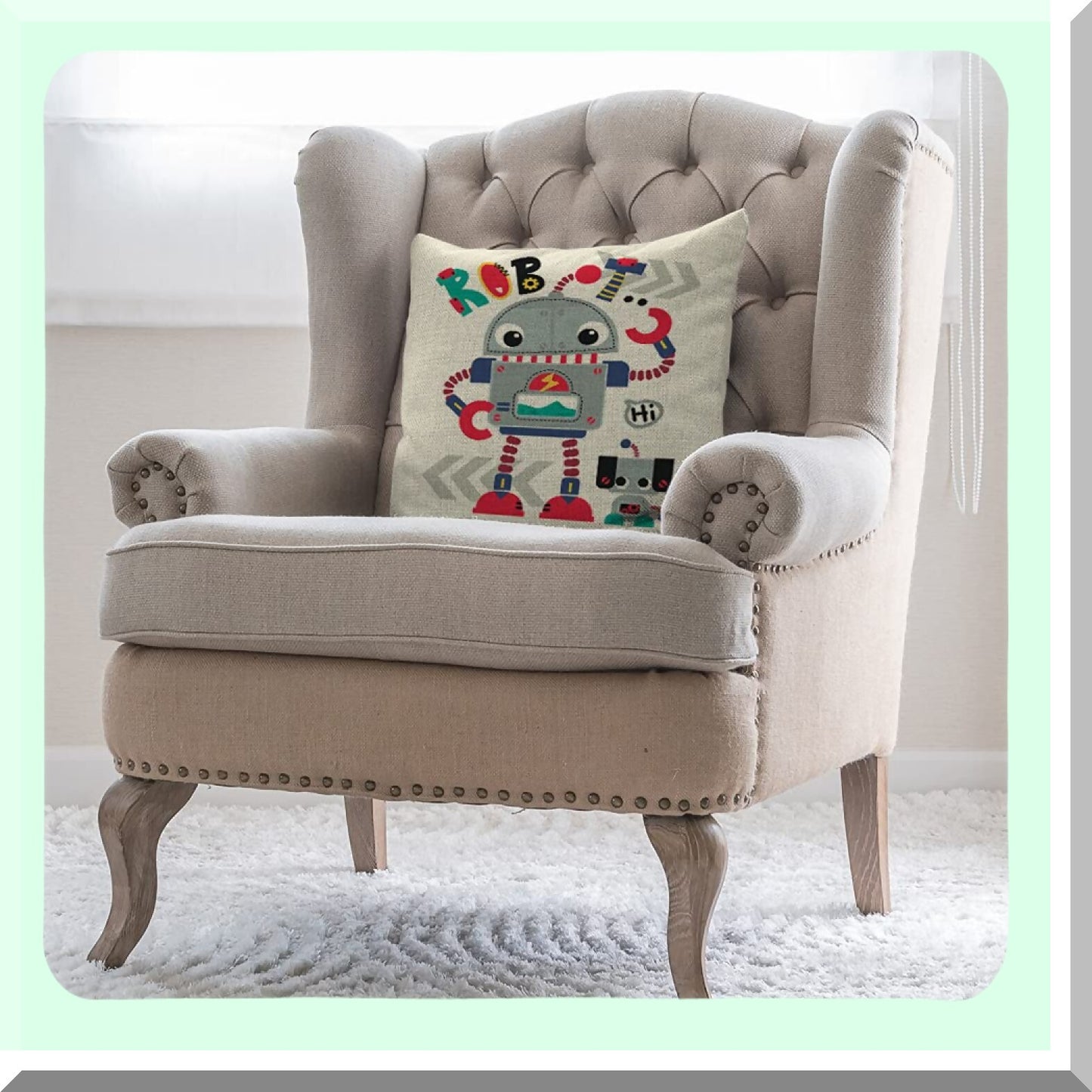 Cute Robot Friends Pillowcase - 18x18 Inch Cartoon Robot & Robotic Dog Throw Pillow Cover - Decorative Cushion for Couch & Bed - Cotton Linen