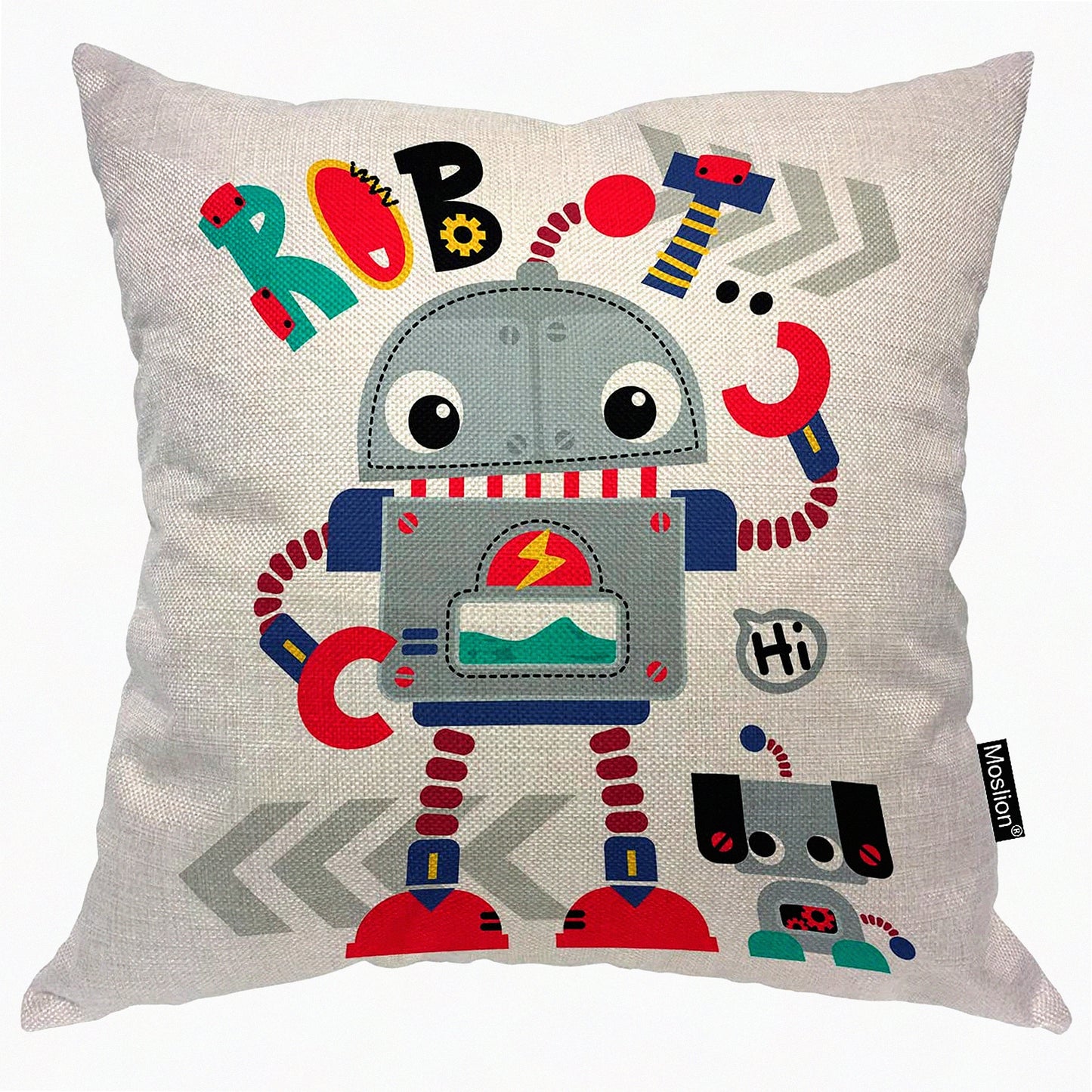 Cute Robot Friends Pillowcase - 18x18 Inch Cartoon Robot & Robotic Dog Throw Pillow Cover - Decorative Cushion for Couch & Bed - Cotton Linen