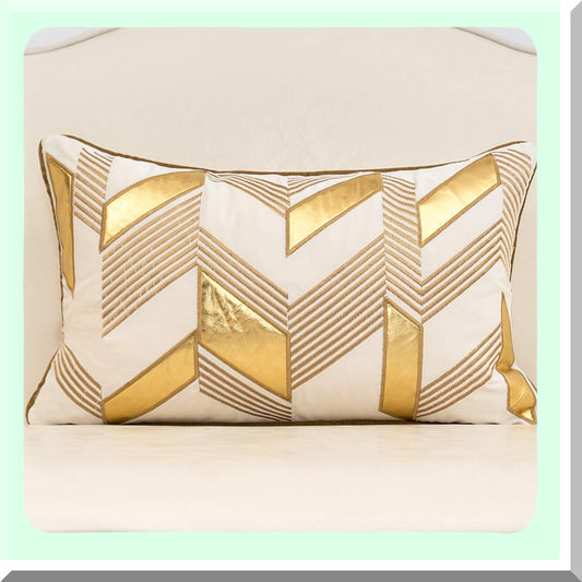 Gold Stripe Embroidered Geometric Cushion Covers - Set of 2 | Modern White Leather Throw Pillow Cases for Living Room, Bedroom, Car - 12x20 Inches