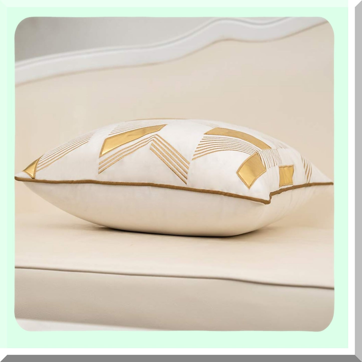 Gold Stripe Embroidered Geometric Cushion Covers - Set of 2 | Modern White Leather Throw Pillow Cases for Living Room, Bedroom, Car - 12x20 Inches