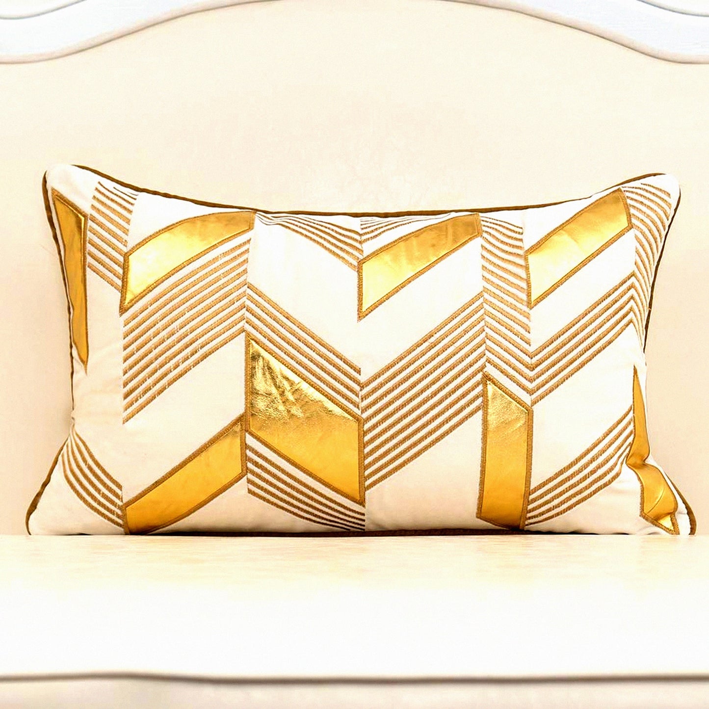 Gold Stripe Embroidered Geometric Cushion Covers - Set of 2 | Modern White Leather Throw Pillow Cases for Living Room, Bedroom, Car - 12x20 Inches