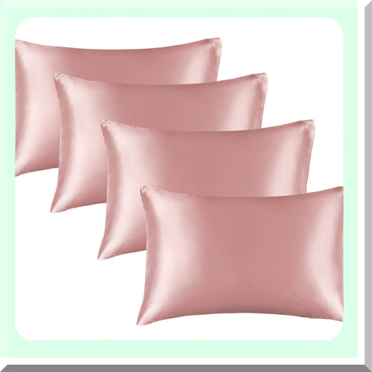 Luxury Silk Hair Pillowcase Set - Rose Pink Standard Size Pack of 4 - Super Soft Envelope Closure Cases 20x26 Inches - Haircare Essential for Beauty Sleep